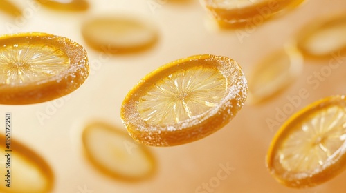 Lemon slices in mid-air, dusted with sugar
