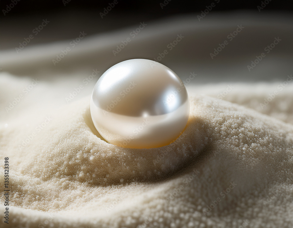 A shimmering pearl resting on a bed of fine white sand, illuminated by soft and natural lighting A shimmering pearl resting on a bed of fine white sand, illuminated by soft and natural lighting