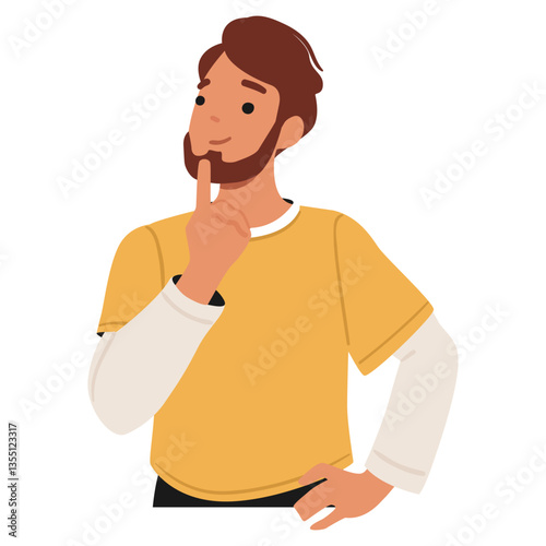 Young hipster positive guy cartoon character thinking imagining and dreaming about creative solution