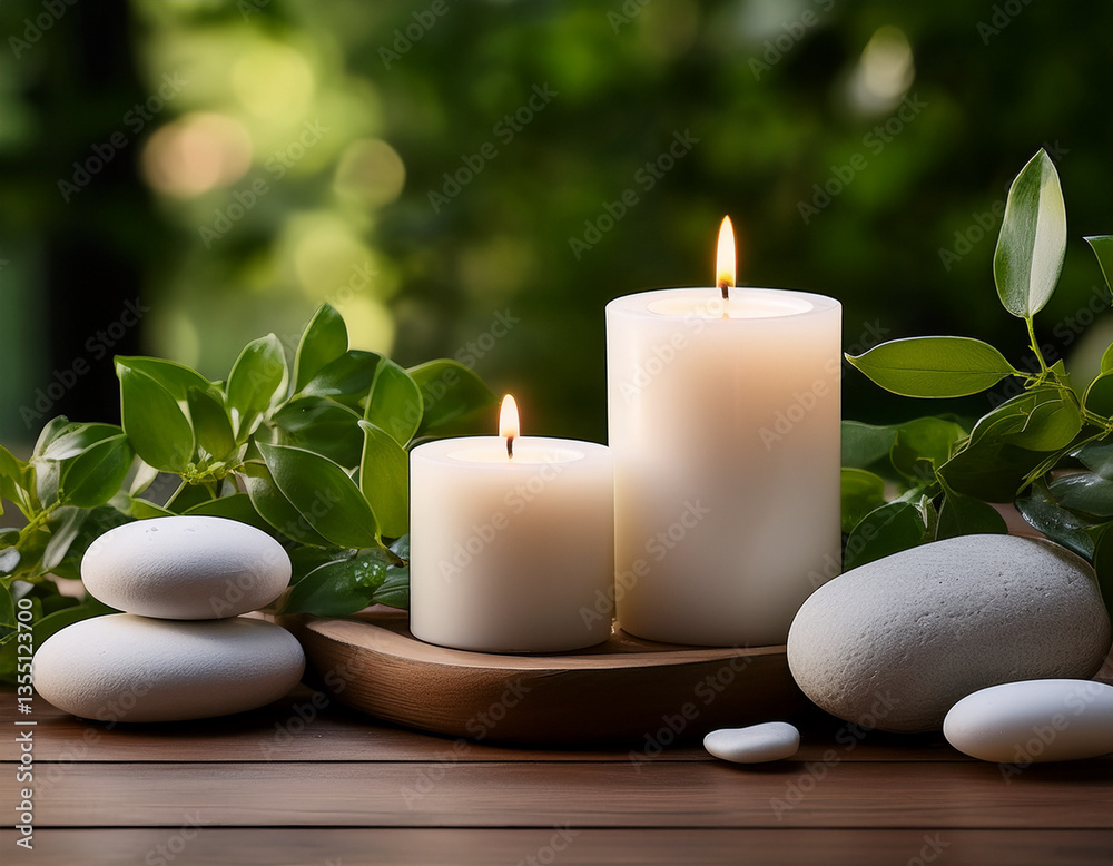 A minimalist arrangement of white candles and smooth stones surrounded by greenery on a wooden spa table A minimalist arrangement of white candles and smooth stones surrounded by greenery on a wooden spa table