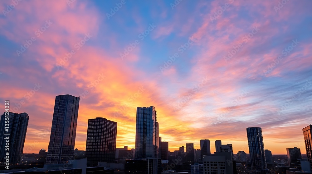 Fototapeta premium Dramatic City Skyline at Sunrise with Colorful Clouds and Tall Buildings in the Foreground : Generative AI
