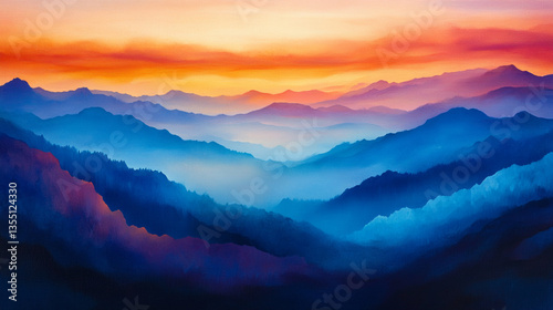 Serene sunset over layered mountain ranges, showcasing vibrant colors and soft mist in the valleys