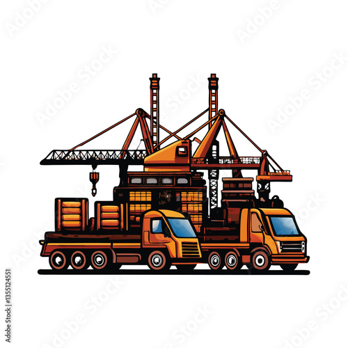 Create a photorealistic vector illustration of a complex heavy machinery assembly plant, showcasing intricate details and various machinery components.