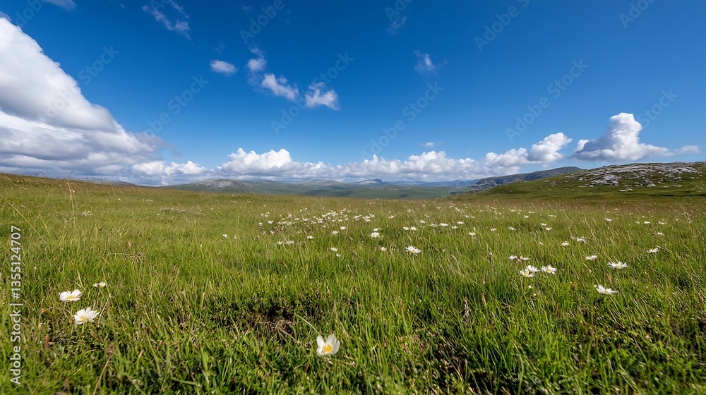 Fototapeta premium Vibrant summer meadow in full bloom with bright flowers under a clear blue sky and fluffy white clouds : Generative AI