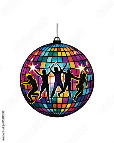 A shimmering disco ball reflects light onto two dancing silhouettes, capturing the vibrant energy of the 1970s disco era.