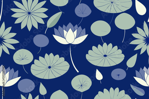Floral. symmetrical pattern of lotus flowers and leaves in muted greens and blues on a deep blue background.