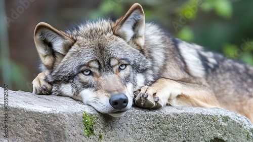 Close up of a resting wolf with a thoughtful expression showcasing the beauty of wildlife and nature : Generative AI