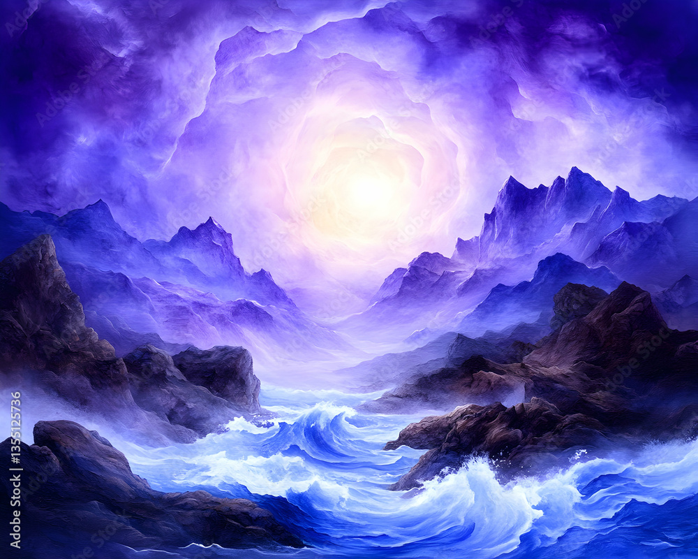 Fototapeta premium Purple Fantasy Landscape Ocean, Mountains, and Sky