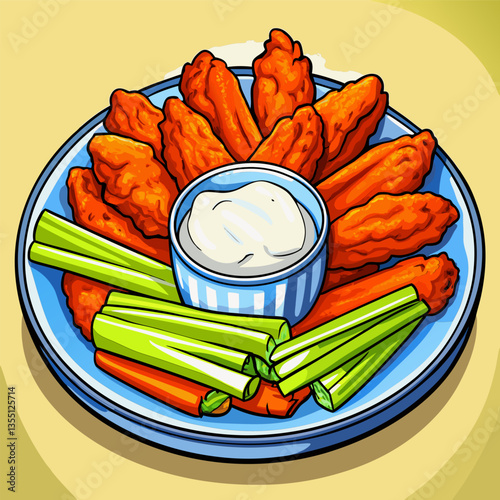 Crispy chicken wings with celery and sauce.