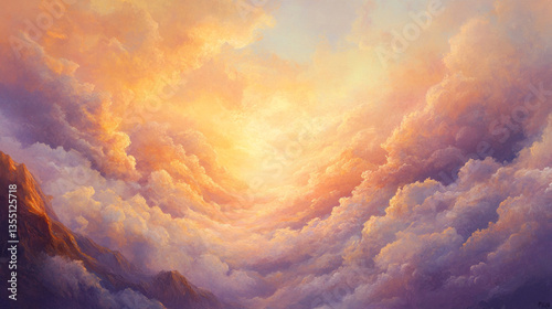 Vibrant sunset sky filled with colorful clouds, casting a warm glow over distant mountain peaks