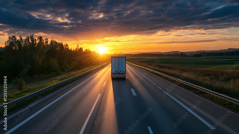 Fototapeta premium Scenic road view with a truck driving away into the sunset along an open highway : Generative AI