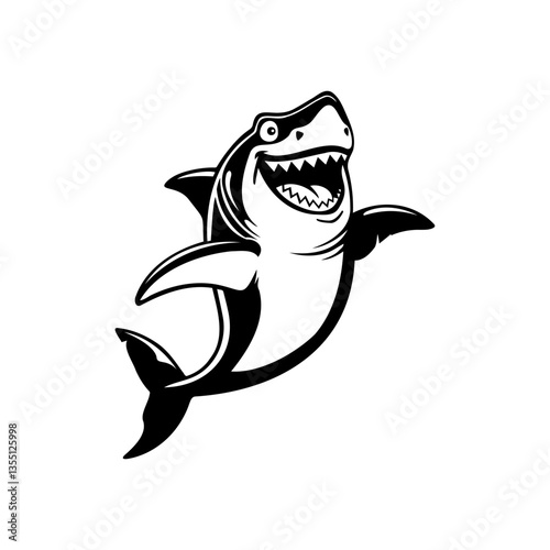 Smiling Cartoon Shark with Sharp Teeth. Cartoon shark with a mischievous grin and sharp triangular teeth for logos, mascots, or tattoo art
