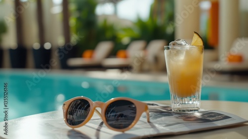 Luxurious poolside lounge with stylish sunglasses iced cocktails and a fashion magazine modern and sleek setting