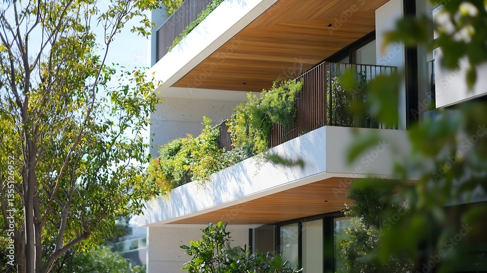 Fototapeta premium Stylish Modern Apartment Balcony with Lush Green Plants and Wooden Fixtures : Generative AI