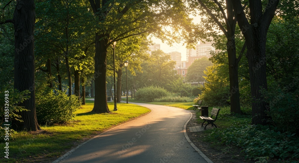 Obraz premium Serene Park Path at Sunrise - A tranquil paved path winds through a lush green park bathed in the warm glow of sunrise. A bench sits invitingly under the shade of trees