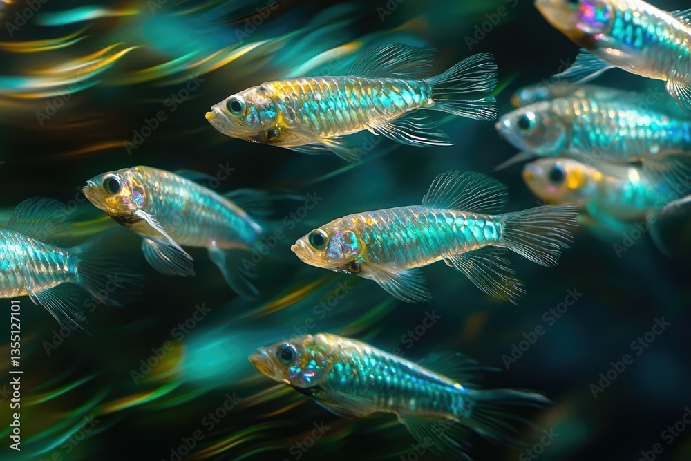 Fototapeta premium A school of iridescent blue and gold fish swim gracefully in a dark aquascape.