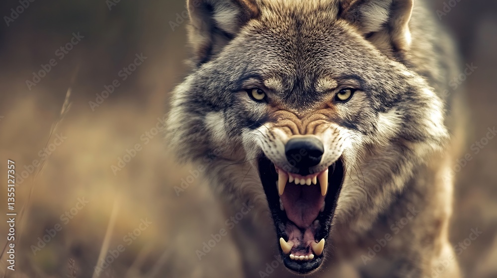 Fototapeta premium Intense wolf displaying fierce expression in a primal moment captured in natural surroundings : Generative AI