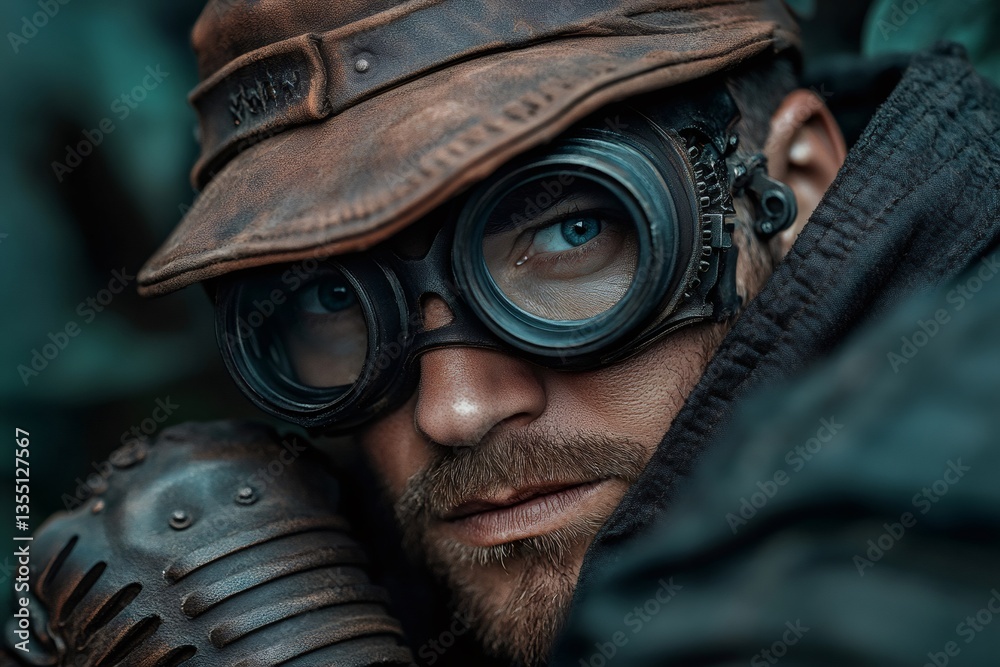 Steampunk pilot wearing goggles and leather hat in a post apocalyptic setting