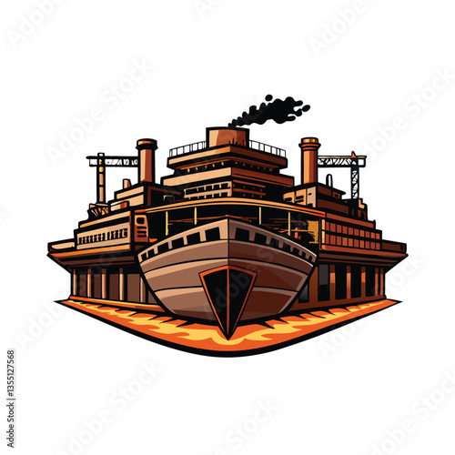 Create a realistic vector illustration of a bustling shipbuilding factory, showcasing cranes, dry docks, and partially completed vessels.  Focus on detailed industrial machinery.