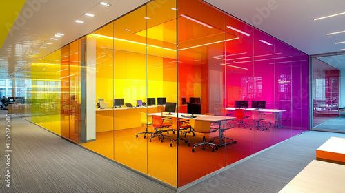 Modern office interior with vibrant colored glass walls, showcasing a collaborative workspace