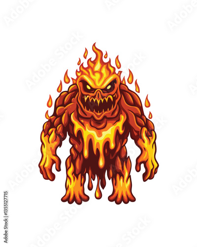 A terrifying, fiery creature, its body composed of molten rock and lava, with glowing eyes and menacing claws.  Render in high detail.