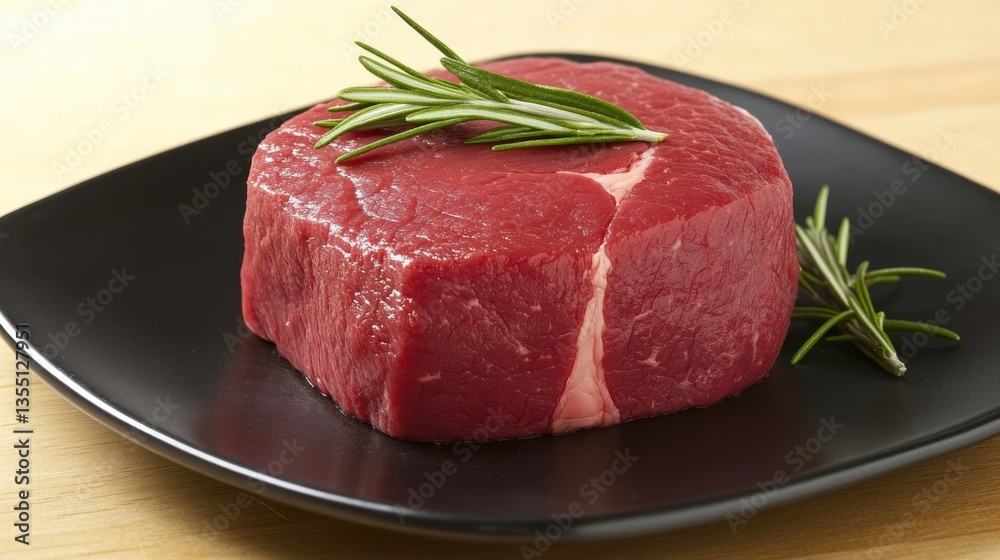 Fresh Raw Meat Cut with Rosemary Sprig on Black Plate Ready for Culinary Preparation at Home Fresh Raw Meat Cut with Rosemary Sprig on Black Plate Ready for Culinary Preparation at Home
