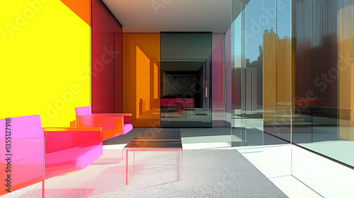 Modern interior design featuring colorful transparent furniture in a vibrant urban setting