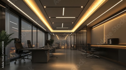A trendy office ceiling with floating panels, LED strip lights, and smooth matte finishes, perfect for a high-tech, professional environment