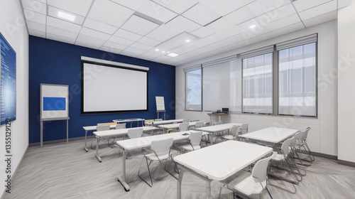 Modern classroom setup with desks and chairs, projector screen, and natural light from windows