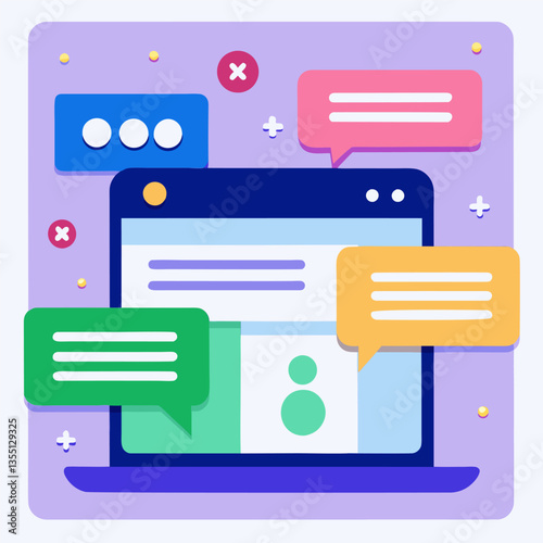 Modern online communication. featuring a laptop with chat bubbles.