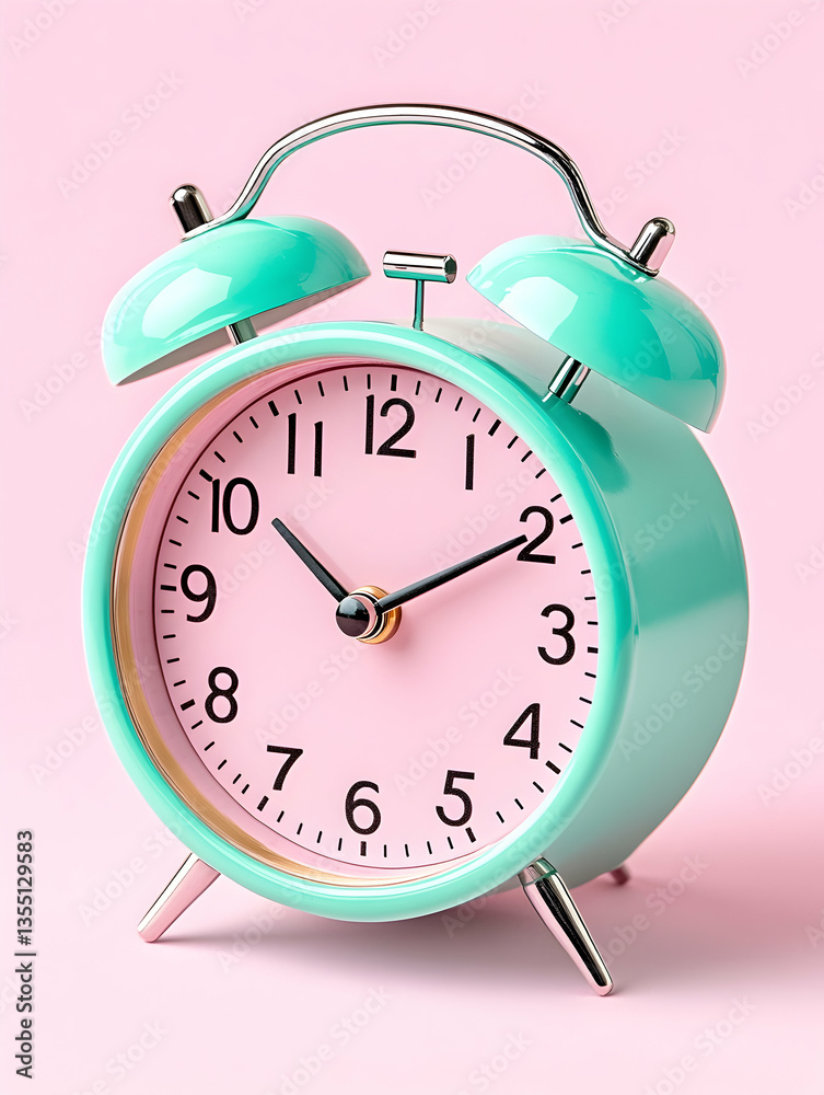 Retro Teal Alarm Clock on Pink Background Retro Teal Alarm Clock on Pink Background