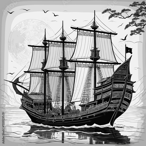 Ornate Galleon in Black and White Illustration with Asian-Western Fusion Artistry