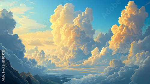 Majestic sunset clouds over mountain range reflecting golden hues in serene sky