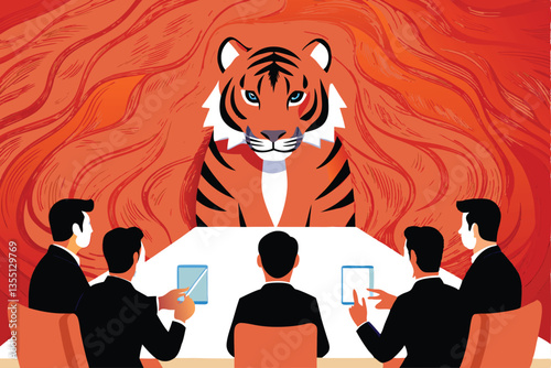 A powerful tiger, in business attire, confidently leads a team meeting around a boardroom table.  The tiger manager attentively listens to his diverse team of animal colleagues.