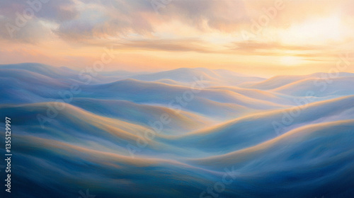 Serene landscape of rolling waves under a pastel sky at sunrise, evoking tranquility and peace