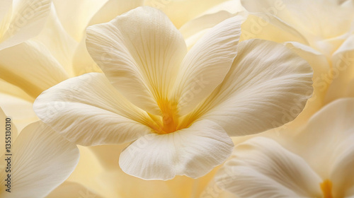 A macro shot of an exotic five-petaled blossom, natural creamy white petals with subtle yellow hues, velvety texture highlighted by soft light