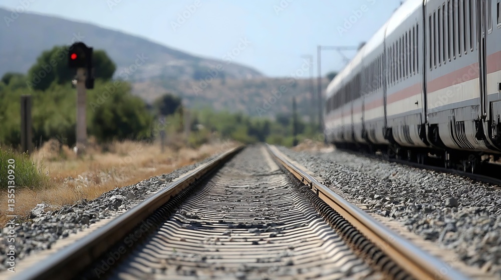 Naklejka premium Vast railway tracks stretching into the horizon under a clear blue sky with an approaching train in the distance : Generative AI