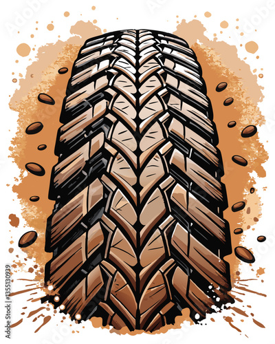 Generate a highly detailed image of a tire tread imprint in dry dirt, showcasing the texture and depth of the grooves.  Focus on realistic detail and shadowing.