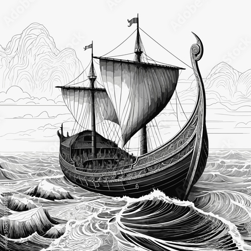 Viking Longship Powerful Sailing on Choppy Seas in Black and White Woodcut Style