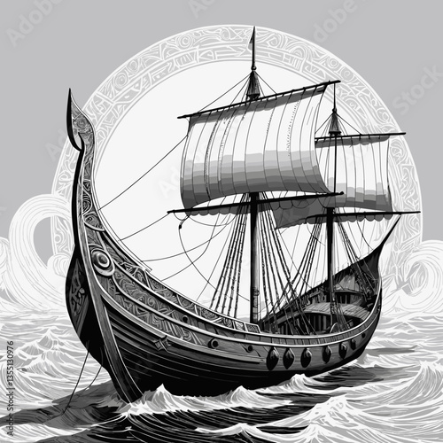 Intricately Carved Viking Ship in Fantastical Black and White Illustration