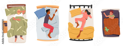 People sleeping in bed set with single adult man, young female and male characters, cute boy child
