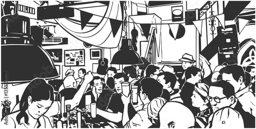 Black and white illustration of crowded pub bar in black and white