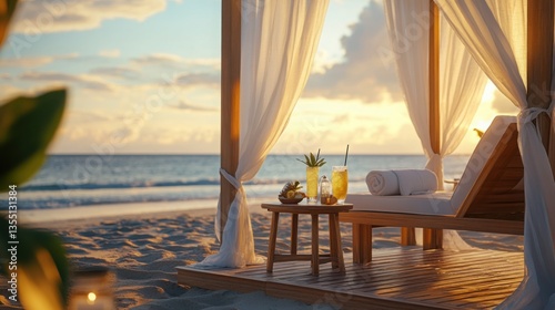 Luxury beach cabana with flowing white curtains a wooden sun lounger and a small table holding tropical cocktails golden hour lighting relaxation theme free space