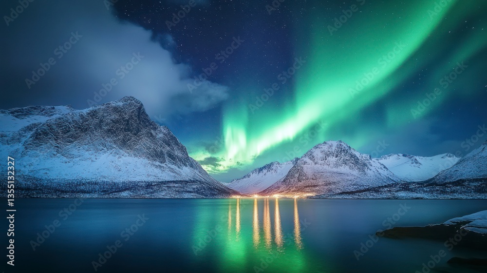 Naklejka premium Snowcapped mountains under northern lights at night in senja island- troms- norway