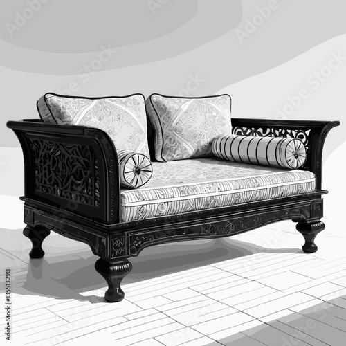 Ornate Black Wooden Daybed with Patterned Upholstery on White Floor