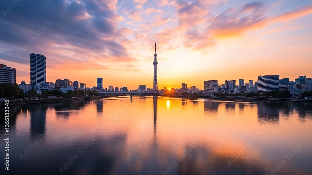 Beautiful Sunset Reflected in Calm Waters with City Skyline in Background : Generative AI Beautiful Sunset Reflected in Calm Waters with City Skyline in Background : Generative AI