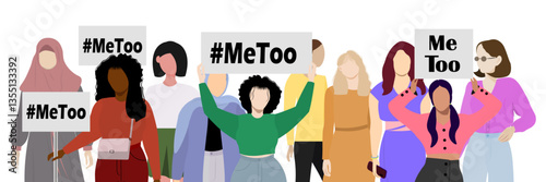 Group of women from different ethnic groups protesting and displaying banners with the inscription hashtag  Me Too. Vector illustration. Not AI generated