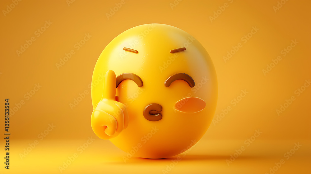 Fototapeta premium Top quality emoticon. Quiet emoji shh gesture, shush silent smiley cartoon shushing face, finger shut mouth. Yellow face emoji.