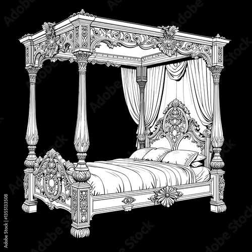 Ornate Four-Poster Bed with Canopy in Baroque Style Monochrome Line Drawing