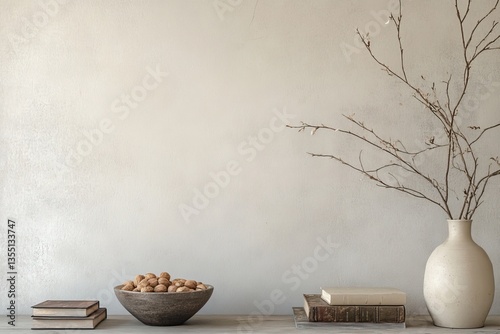 Neutral, minimalist home decor.  A simple, earthy aesthetic featuring a muted color palette, a vase with dried branches, and a bowl of nuts.  Simple wooden surface